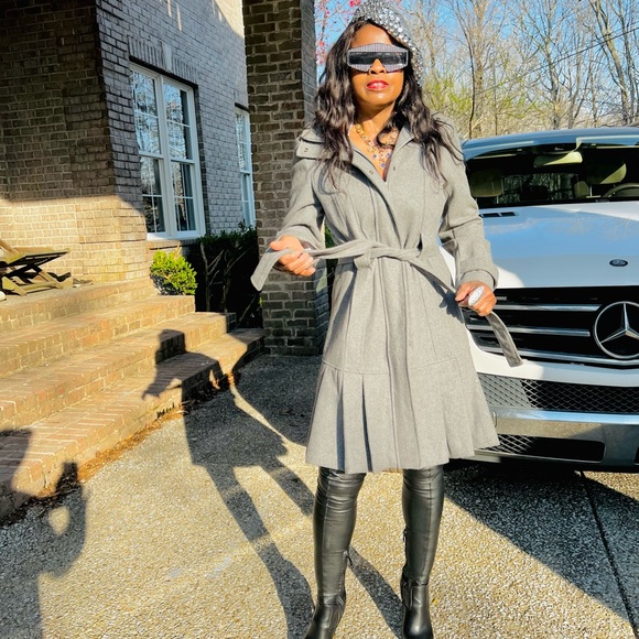 Designer Calvin Klein Womens Gray Wool Blend Long Sleeve Tie Front Coat Sz S-M - Picture 4 of 17